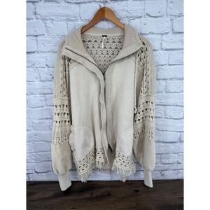 Free People Dune Bug Crochet Oversize Cardigan Knit Zip Up Jacket Beige Size S
